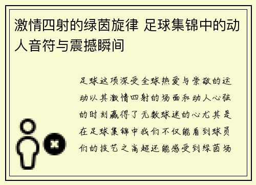 激情四射的绿茵旋律 足球集锦中的动人音符与震撼瞬间